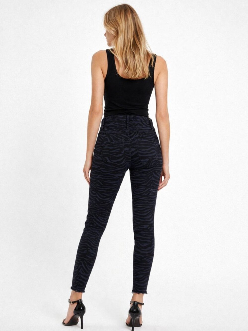 Zara Zebra Print Skinny Jeans 6 High Rise Raw Hem Blue Black Stretch Dark Wash - Picture 6 of 11